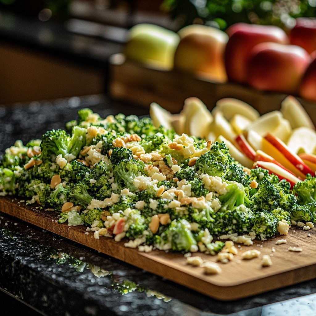 Knackiger Brokkolisalat mit Käse, Apfel und Mandeln – Schnell und lecker